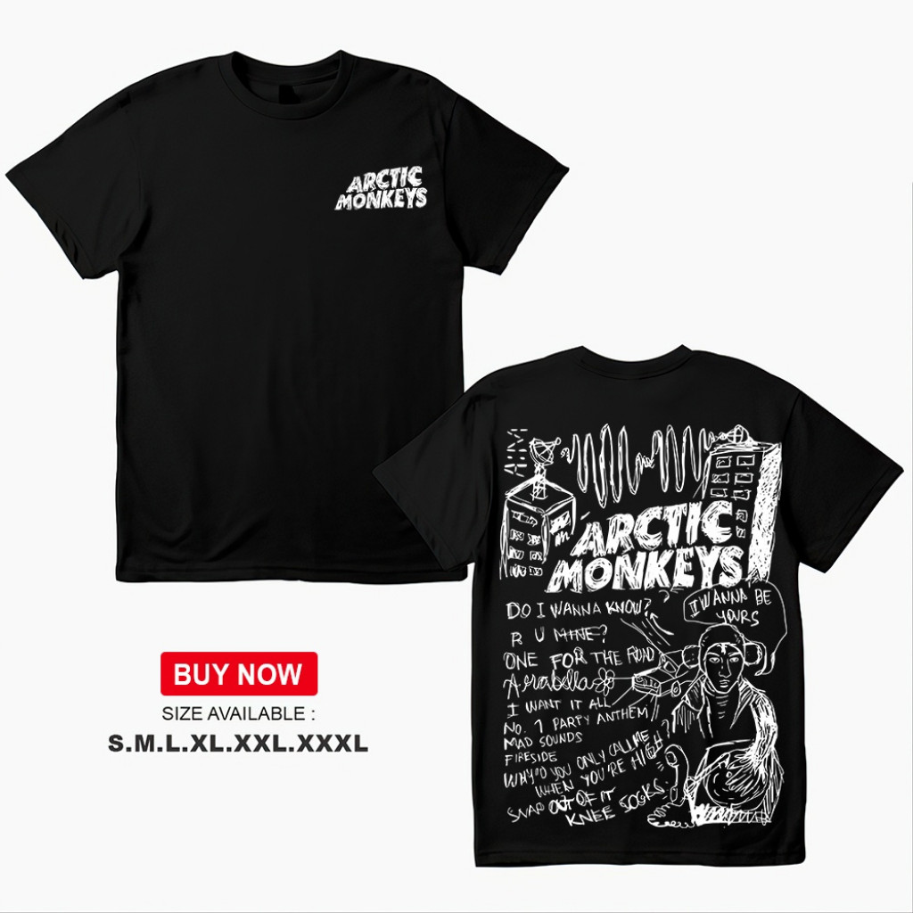 Kaos ARCTIC MONKEYS เสื้อยืด AM ALBUM SONG LIST DOODLE Graphic Tee Unisex Baju T เสื้อ Lelaki ผ้าฝ้าย 100%