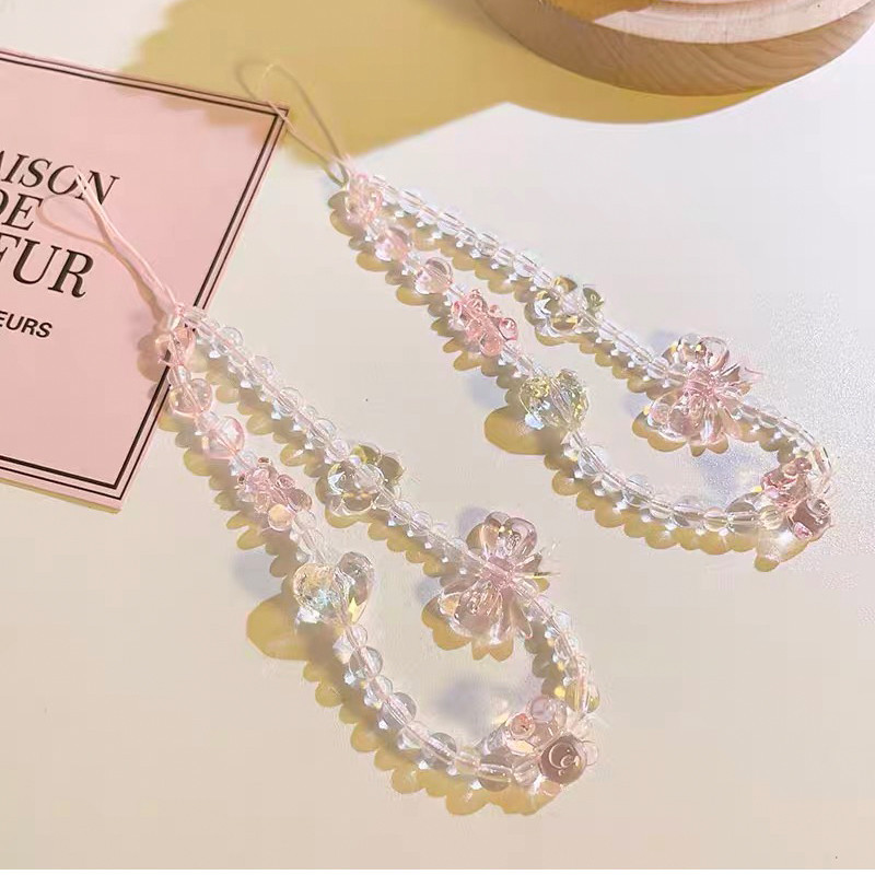 เคสโทรศัพท์มือถือที่ใช้งานได้ สายคล้องโทรศัพท์มือถือแบบ 3 มิติ สร้อยข้อมือเชือกคล้องคริสตัลแบบโบว์ สายคล้องคอดอกไม้ใส