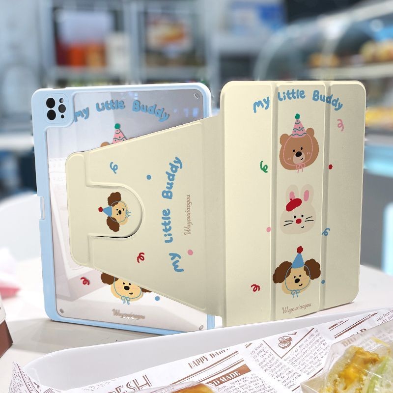 เคส Ipad 360 ° Rotationbirthday หมวกหมีกระต่ายเหมาะสําหรับอะคริลิค iPad Air6 Gen7/8/9 10.2 Gen5/6 9.7 Air4 Air5 10.9 Pro11 Gen10 Triple พับ iPad Cover