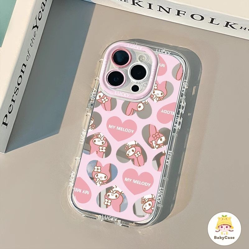 สีชมพูหัวใจรักเมโลดี้น่ารัก สร้อยข้อมือกระจกแต่งหน้า เคสIPhone 16 11 15 13 14 12 Pro Max 14 7 15 8 Plus XR X XS Max SE