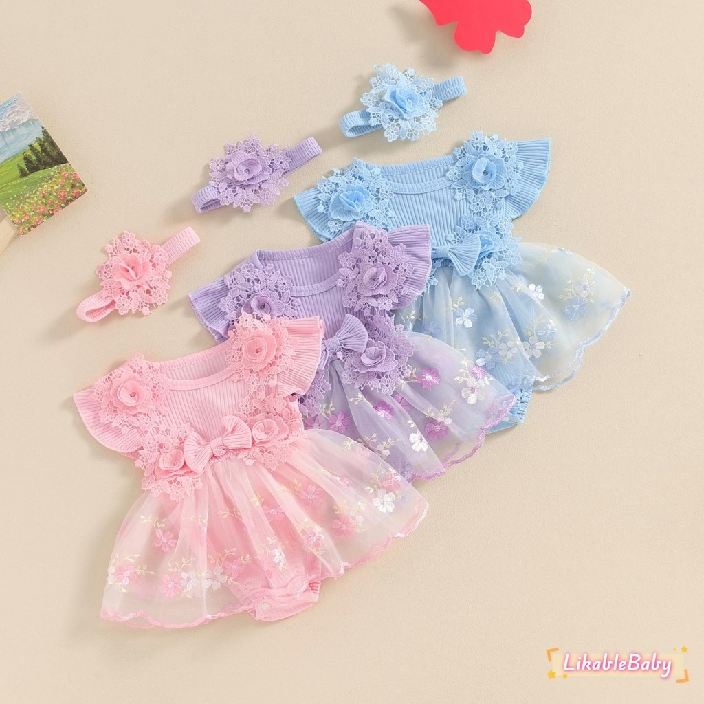 ชุดเด็กผู้หญิงลายดอกไม้ปักพร้อมกระโปรงFly Sleeve Romper และชุดแถบคาดศีรษะ