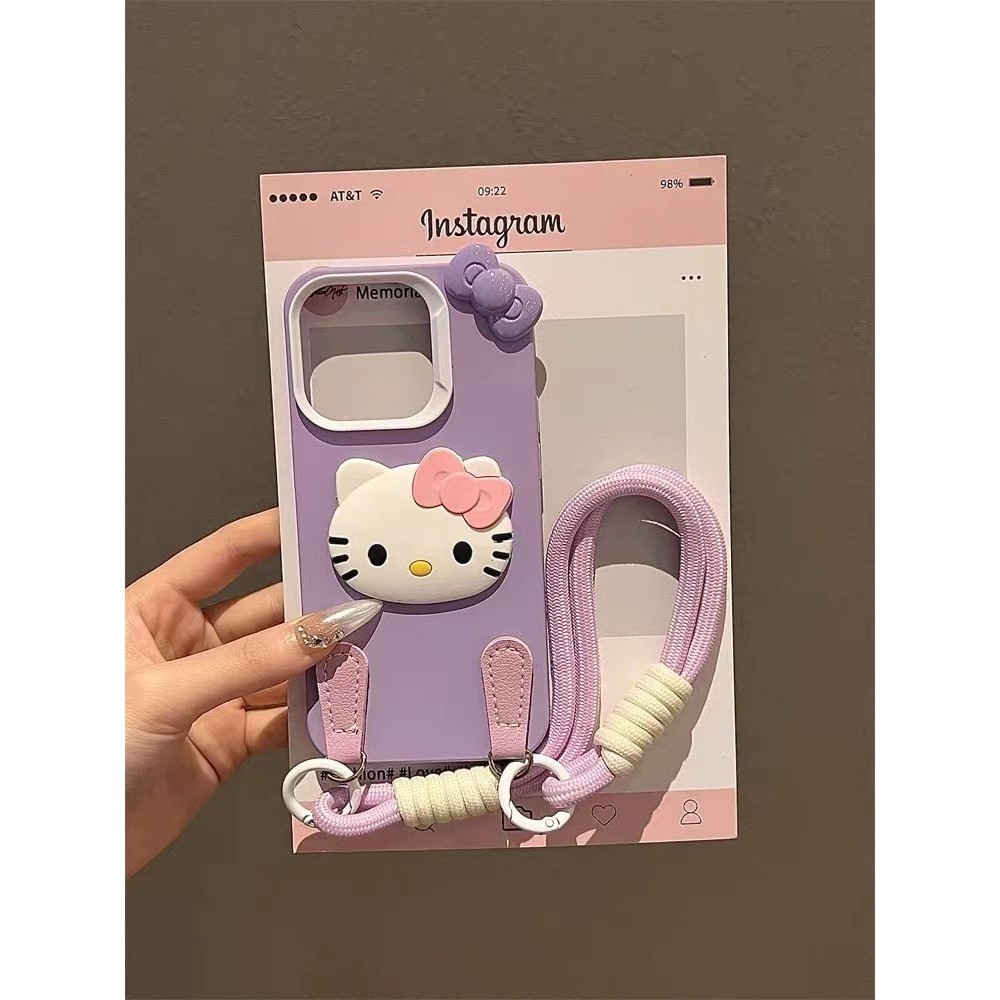น่ารัก Hello Kitty Bowknot พร้อมสร้อยข้อมือสีทึบเคสโทรศัพท์สําหรับ IPhone 15 14 Pro Max 13 12 11 Plus ปลอกกล้องเลนส์ป้องกันรวมทุกอย่างกันกระแทกนุ่มปกหลัง IPhone