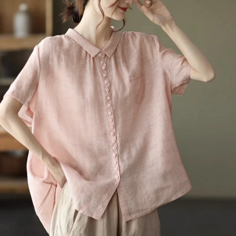 S401 - เสื้อผ้าฝ้ายคอปก แขนสั้น กระดุมผ่าหน้า โอเวอร์ไซส์