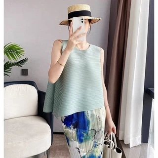 จีบ มิยาเกะ ออกแบบจีบด้านบนเสื้อกั๊ก สายรัด ผู้หญิงฤดูร้อนผิดปกติ ซอก หลวม ผอมลง ดูเสื้อยืดเก๋ด้านบน อิน ผู้หญิงเสื้อผ้