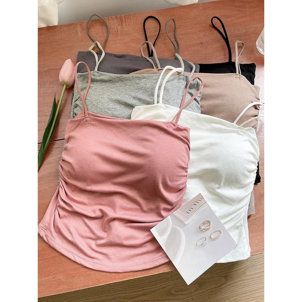 Solid All-Match Pleat Sling Vest Strap Chest Pad Inner Wear Slim Fit Slimming Short Outer Wear Top
