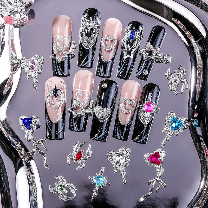 Renbg 5 ชิ้น Spider Star โลหะผสมเพชรเล็บอุปกรณ์เสริม 3D ตกแต่งเล็บเจาะ Love Studded ด้วยเพชร เล็บ Deco TH