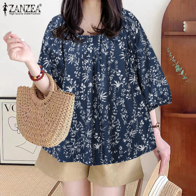ZANZEA ซานเซีย ผู้หญิงเกาหลีเรียบง่ายรอบคอพิมพ์ดอกไม้จีบเสื้อหลวม — صورة 5