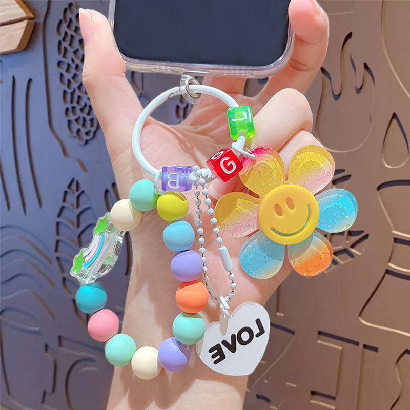 พวงกุญแจลูกปัดสีพลาสเทล พร้อมจี้ดอกไม้อะคริลิก พวงกุญแจดอกไม้ จี้ห้อยกระเป๋า - รูปที่ 5