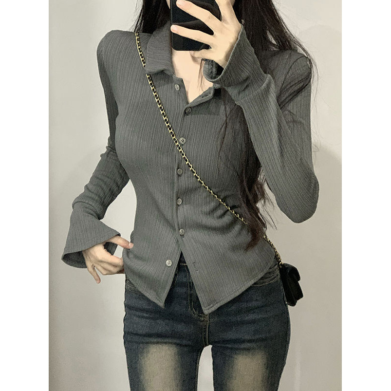 เสื้อเชิ้ตแขนยาวคอปกโปโลลําลองผู้หญิงสไตล์เกาหลีย้อนยุคด้านบน