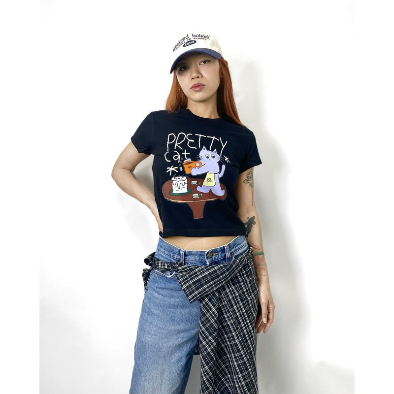 (พร้อมส่ง)pretty cat baby tee ! เสื้อยืดทรงเบบี้ที