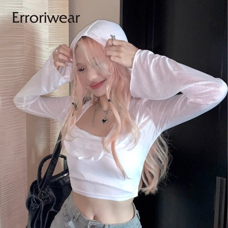 Errokiwear ผู้หญิง Hoodies 2024 โปร่งแสงสีทึบ Hooded แขนยาว Sun ป้องกัน Crop Top