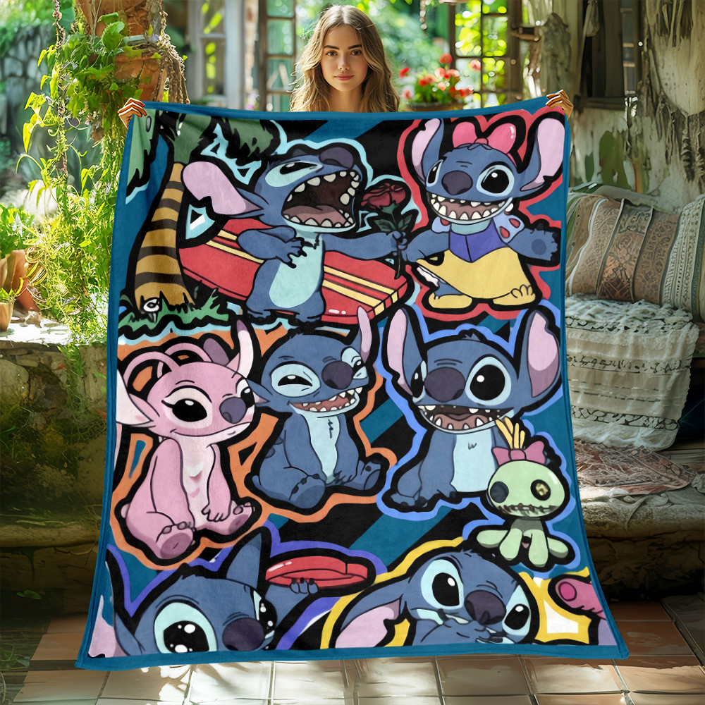 ผ้าห่ม Disney Lilo & Stitch- ผ้าสักหลาดน้ําหนักเบาโยนสําหรับโซฟา, เตียง, ท่องเที่ยว, ตั้งแคมป์, ห้องรับแขก, สํานักงาน, โซฟา, ผ้าห่มปิกนิก
