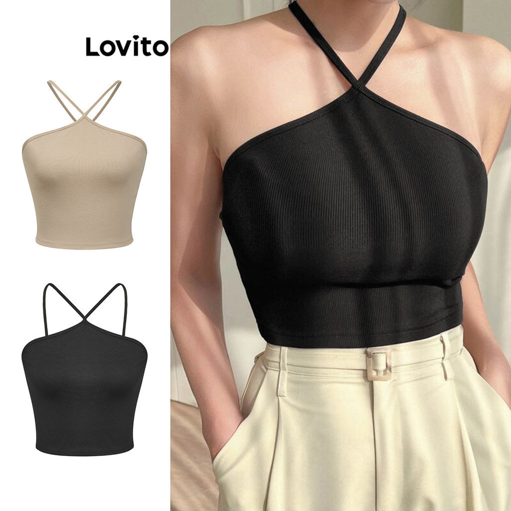 Lovito เสื้อคล้องคอ สายไขว้ สีพื้น สไตล์ลำลอง สำหรับผู้หญิง L74ED094 (หลากสี)