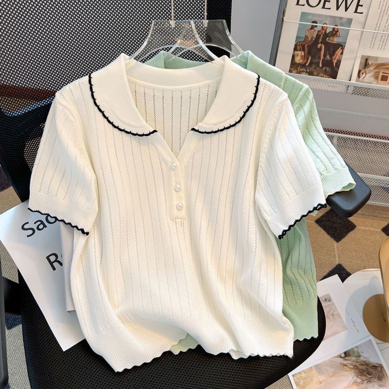 เสื้อยืดผู้หญิงแขนสั้น ไซส์ใหญ่ คอปกตุ๊กตา สไตล์ลำลอง กลวง ผ้าไหมพรม บาง เสื้อสาวอวบ