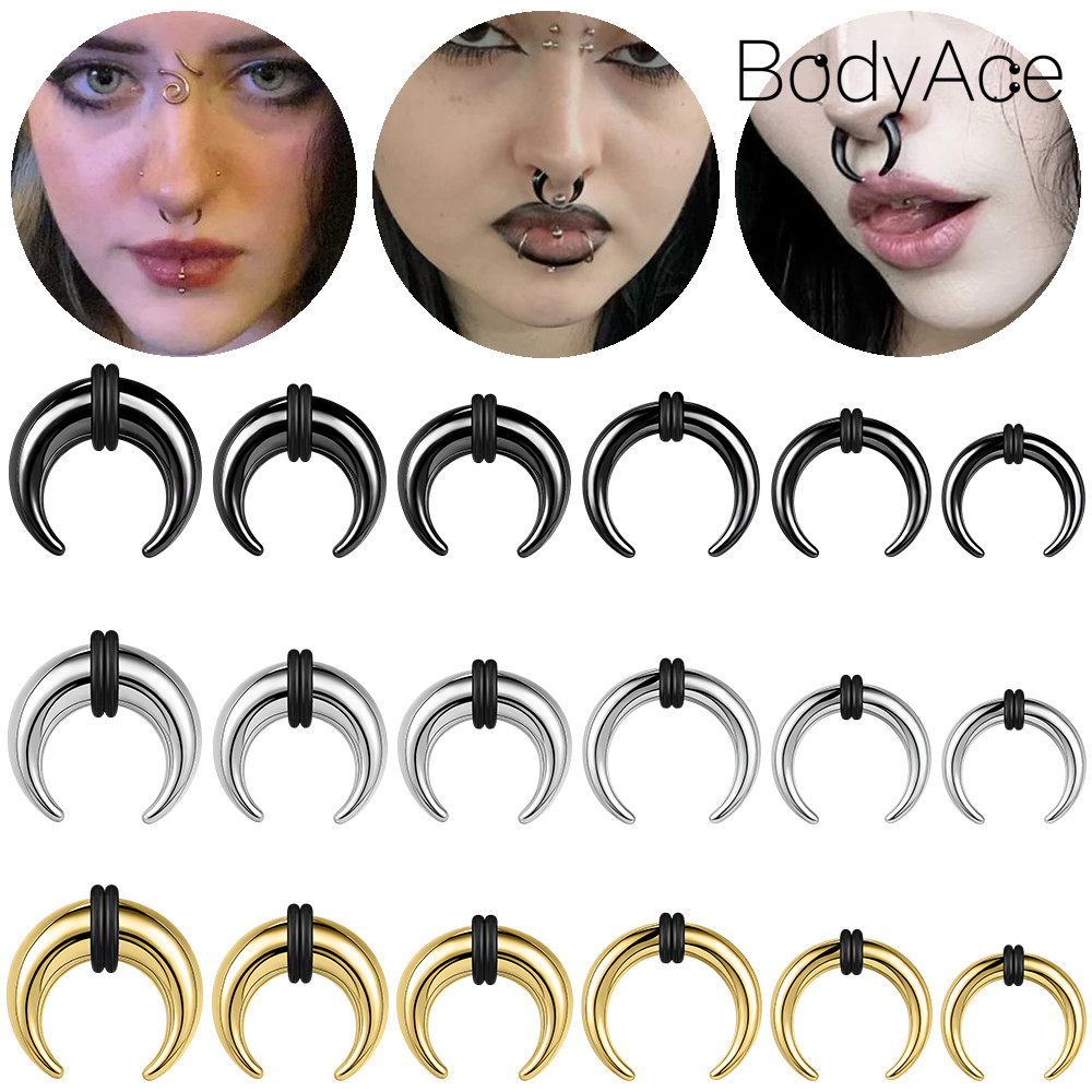 Bodyace Horns รูปร่างแหวนจมูก 1 PC Septum เจาะสแตนเลสสตีลหู Stretcher 2/2.5/3/4/5/6/8/10 มม.ต่างหูเครื่องประดับ