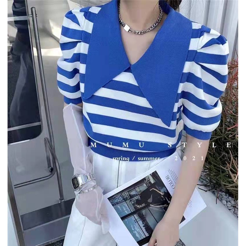 เกาหลีทงแดมุนฤดูใบไม้ผลิใหม่เสื้อถักลายทางเสื้อสไตล์เกาหลีพัฟแขนเสื้อบางคอตุ๊กตาโอ้สไตล์ทอ8uvr