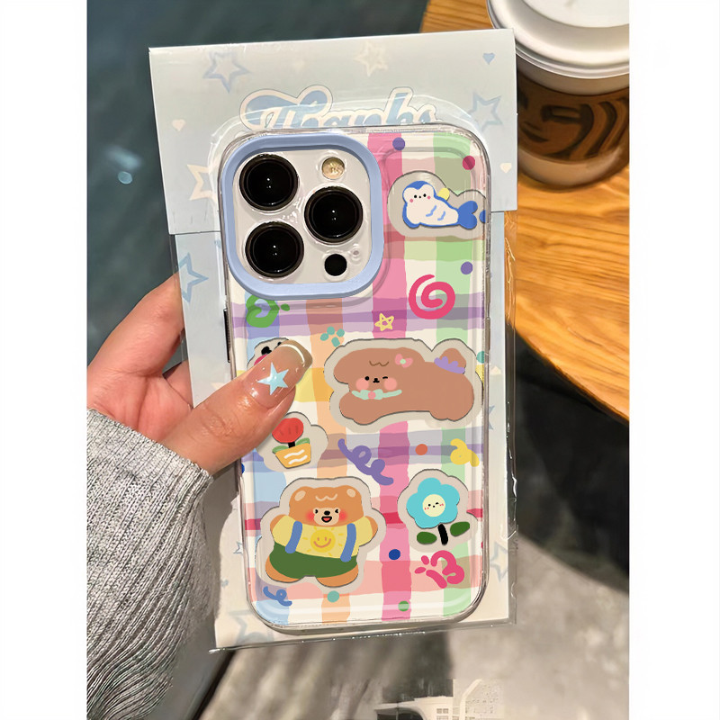 Ins น่ารักลายสก๊อตสีชมพู Penguin Bear Puppy โปร่งใสเคสโทรศัพท์สําหรับ iPhone 16 Promax 15 Promax 12 13 Mini 14plus 11 Pro Max X XS XR XS Max 7 8 plus Se2020 6G 6Plus