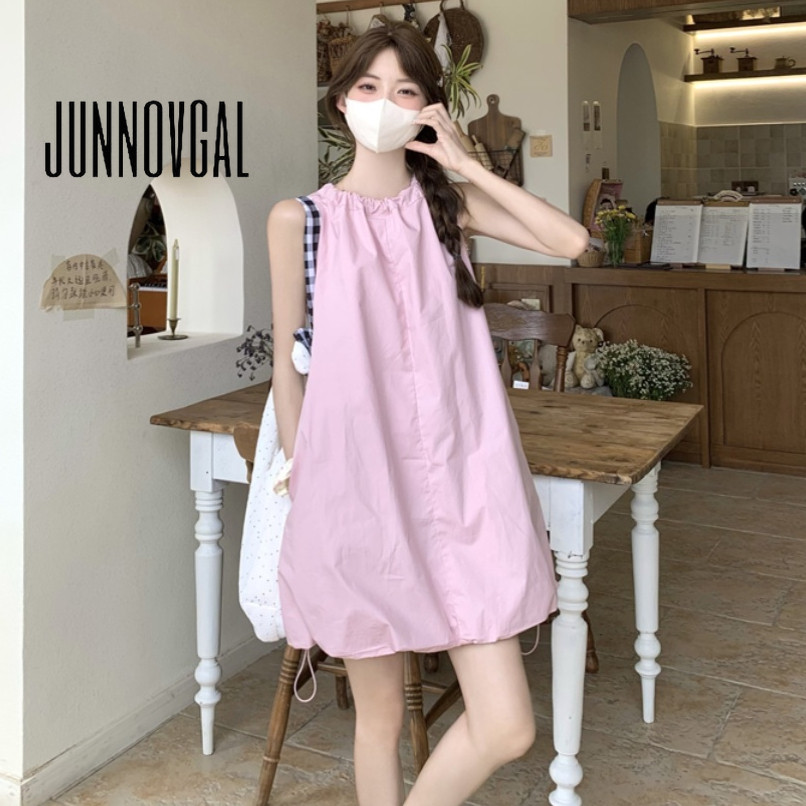 Junnovgal มินิเดรสผู้หญิง A-Line Nipped เอว 2024 สีทึบสไตล์ใหม่แขนกุด