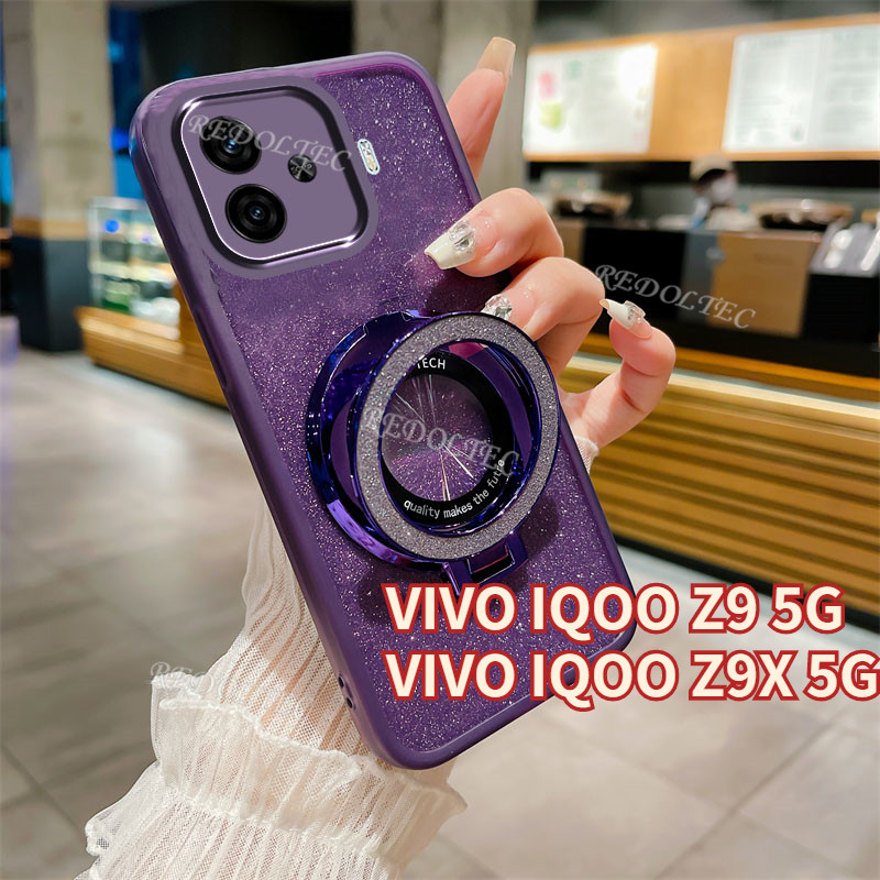 ปลอก VIVO IQOO Z9 Z9X 5G 2024 ออกแบบใหม่โปร่งใสGlitterกรณีVIVO IQOOZ9 IQOO Z 9X Z9 Xไล่โทนสีBlingฝาครอบโทรศัพท์พร้อมขาตั้งแม่เหล็กผู้ถือ