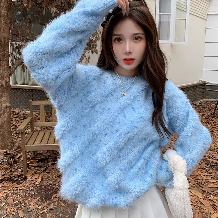 ดีไซน์สไตล์อ่อนโยนสีม่วง เสื้อสเวตเตอร์แขนยาวนุ่มสำหรับผู้หญิง ฤดูใบไม้ร่วงฤดูหนาว ใหม่หลวม ยาวกลาง สไตล์มิงค์ TNGQ