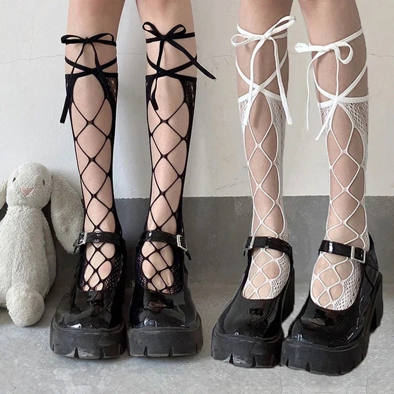 สีดําถุงเท้าผ้าพันแผลผู้หญิง Gothic เซ็กซี่ Fishnet ต้นขาตาข่ายสูง Tights บุคลิกภาพลูกไม้ลูกวัวเข่าถุงเท้า Pantyhose Legging