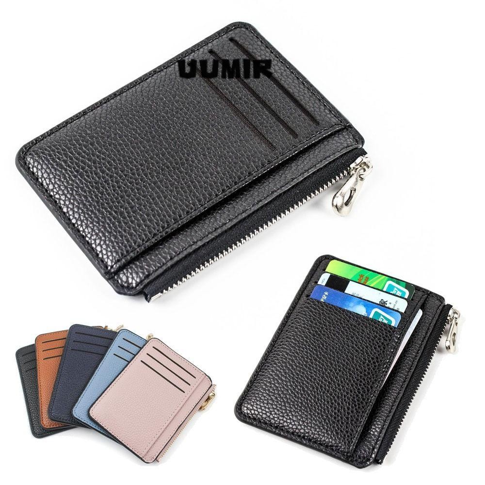 UUMIR กระเป๋าซิปการ์ด, Duble sided Multi Slot Mini Business Wallet, Name Card Holder Ultrathin PU Pure Color Short Purse Mens Womens