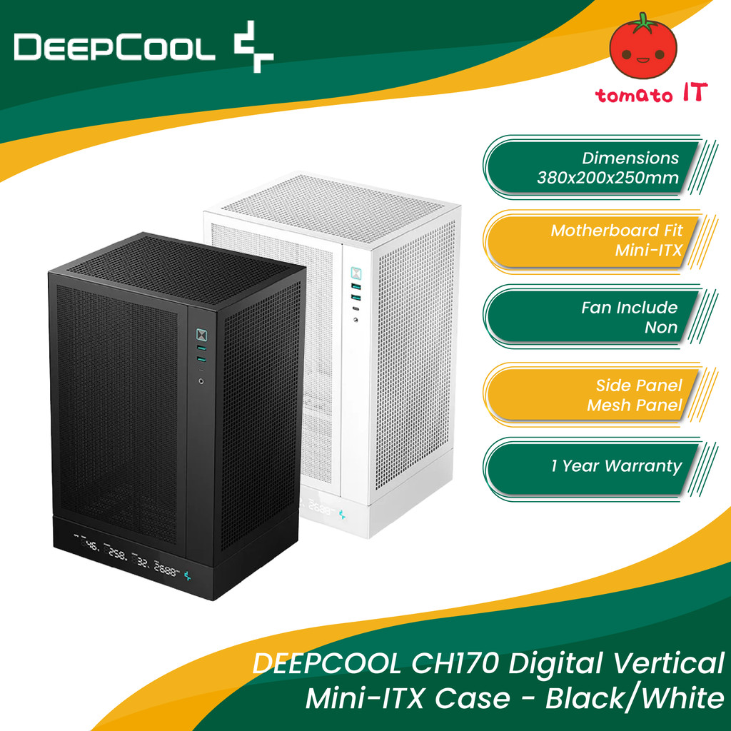 DEEPCOOL CH170 DIGITAL Vertical Mini-ITX PC Case - สีดําสีขาว