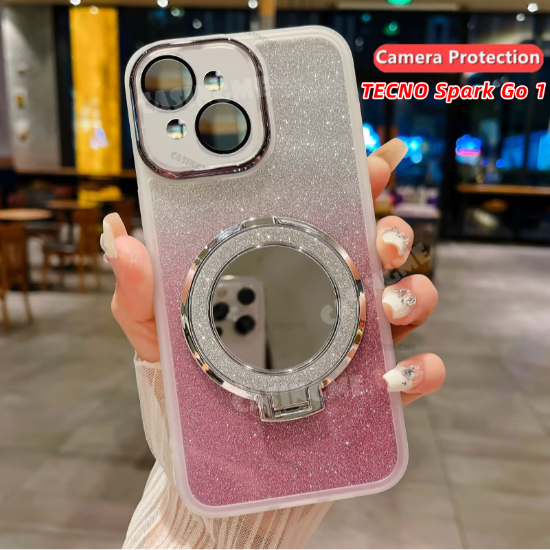 Tecno Spark Go 1 กรณีกระจกวงเล็บแม่เหล็ก Glitter สําหรับ TECNO Spark Go 1 SparkGO1 GO1 1GO 4G 5G 2024 ฝาครอบกล้อง Shcokproof เคสโทรศัพท์เลนส์ Protector นุ่มปกหลัง