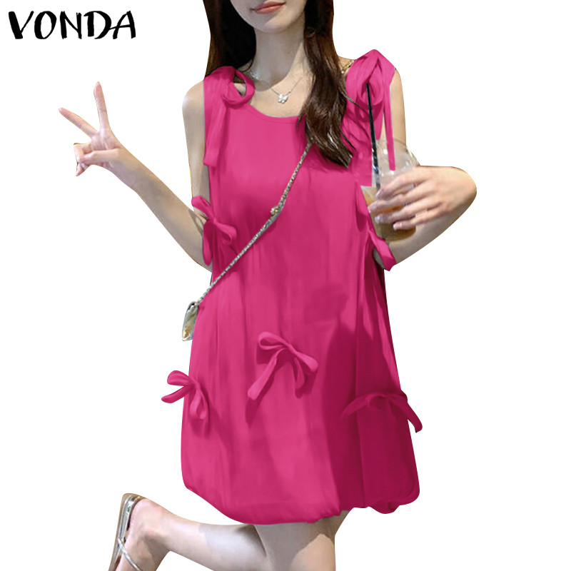 Vonda ชุดเดรสแขนกุดคอกลมลําลองสําหรับผู้หญิงเกาหลี Fashiaon Bows Splice