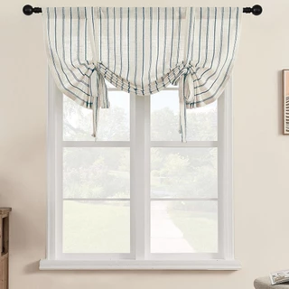 Retro ผ้าลินินธรรมชาติผสม Sheer Tie Up บอลลูนผ้าม่านสีฟ้ารูปแบบแนวตั้งชั้นยกโรมัน Blind Farmhouse Deisgn Boho ผ้าม่านสําหรับหน้าต่างขนาดเล็ก Cafe Rod กระเป๋า