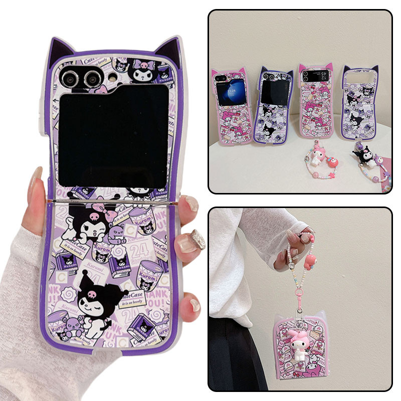Sanrio Kuromi My Melody Soft TPU ซิลิโคนหูแมวเคสโทรศัพท์ Samsung Galaxy Z Flip 7 Flip 6 7fe Flip 5 4 3 พร้อมสายรัดข้อมือปลอกโซ่ผู้หญิงสาวปกด้วยจี้สัตว์