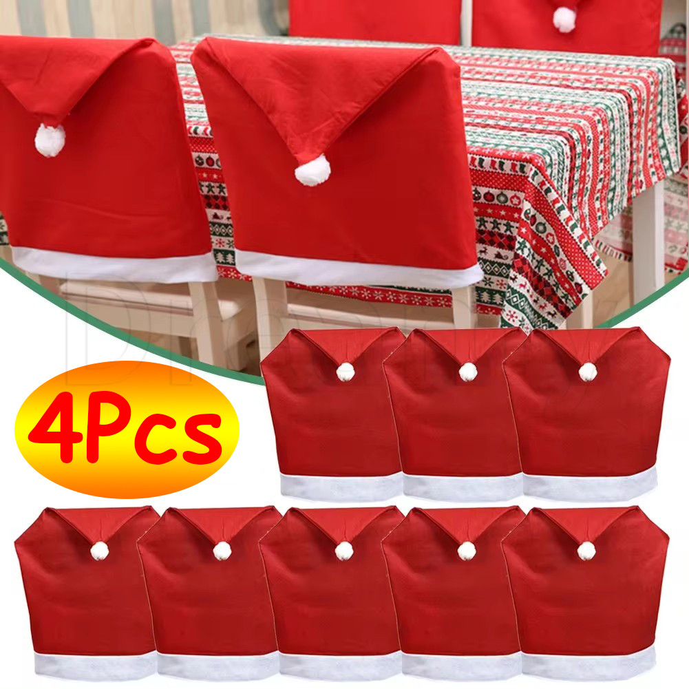 4 ชิ้น Santa Claus หมวกเก้าอี้ - คริสต์มาสที่นั่งกลับครอบคลุม - Xmas เก้าอี้หมวก - Dinner Placemats ตารางผ้า - คริสต์มาสปีใหม่ Party Decor - Merry Christmas Decor