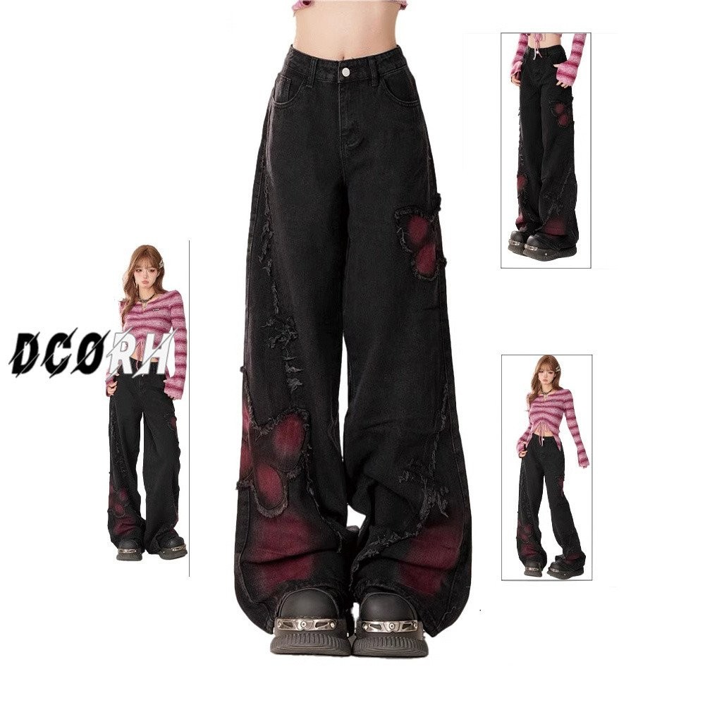 Skinny Wide-Leg Black New Sweet Cool Butterfly Pants Embroidered Hot Girl Straight Jeans Spring and Summer Blooming Women2024