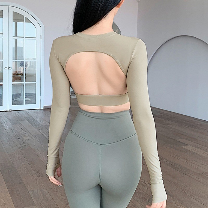 【Beautytrend】(เบาะคงที่) เสื้อกีฬาเซ็กซี่กลับกลวงแขนยาวยิมพิลาทิสเสื้อครอป