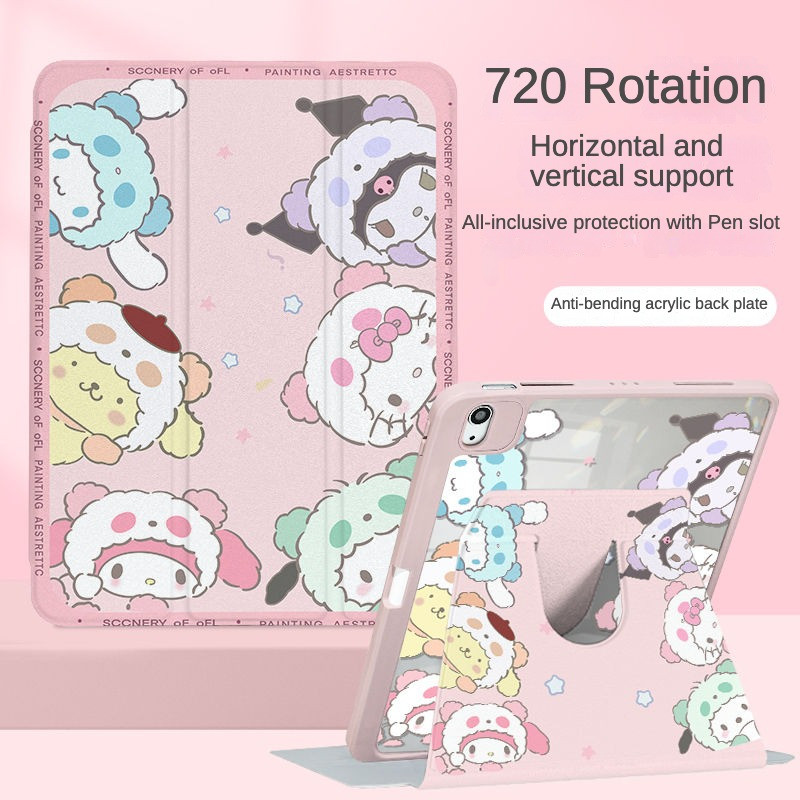 360 ° เคส iPad หมุนได้พร้อมช่องเสียบปากกา Sanrio Kuromi สตรอเบอร์รี่หมีอะคริลิค Backboard Pro11 2020 Gen10 Gen9 Gen8 Gen7 Gen6 Gen5 Air6 Air5 Air4 ฝาครอบ iPad หมุนได้