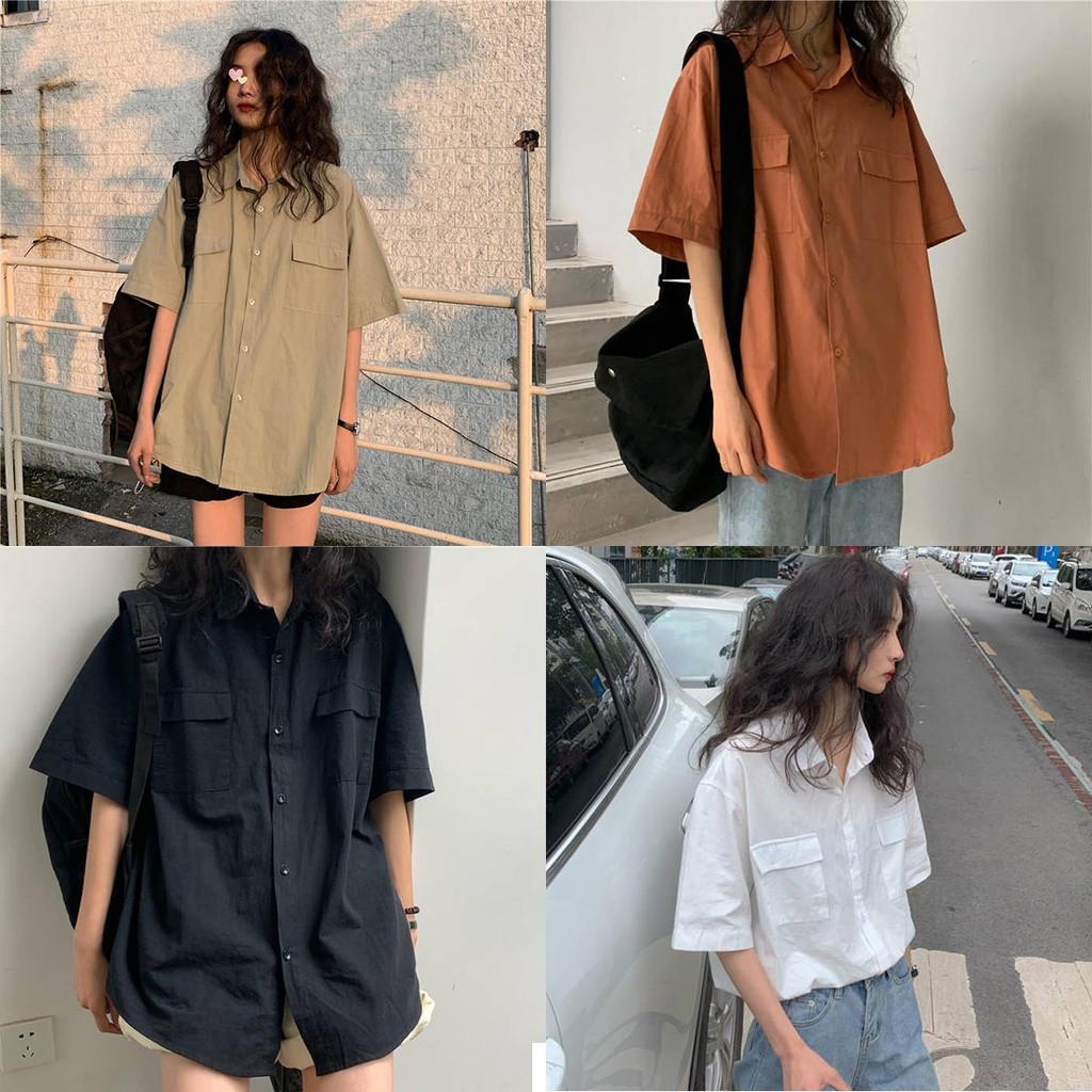Lune_Grace เสื้อแฟชั่นเกาหลี ทรงแฟนหนุ่ม เสื้อเชิ้ตแขนสั้นแต่งกระเป๋าสองข้าง -พร้อมส่งจากไทย-รุ่นW446