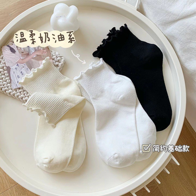ถุงเท้าบางถุงเท้าสีขาวลูกไม้บางกลางน่องยาวผ้าฝ้ายญี่ปุ่น ins อินเทรนด์หูไม้ JK ถุงเท้าสำหรับผู้หญิง