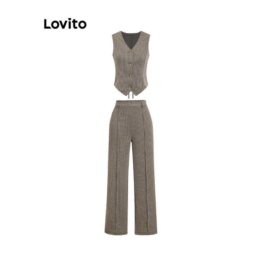 Lovito ชุดกางเกงปุ่ม ลายสุนัขจิ้งจอกแบบสบาย ๆ สำหรับผู้หญิง L101AD105