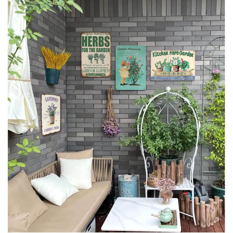 ภาพวาดดีบุกรูปดอกไม้ย้อนยุคสวนระเบียงชนบทผนังกลางแจ้งตกแต่งเก่า - รูปที่ 3