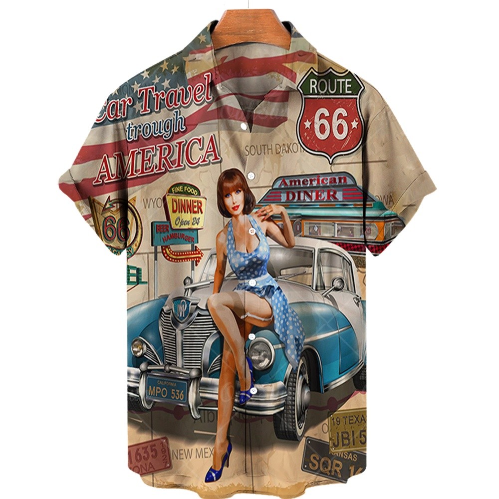 เสื้อเชิ้ตแขนสั้นพิมพ์ลายรถจักรยานยนต์ 66 Route Bike 3D Route 66 ขนาดใหญ่ผู้ชายและผู้หญิงอเมริกัน