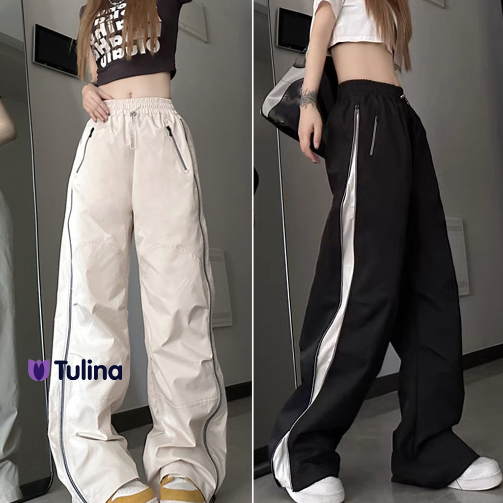 กางเกงแฟชั่นสตรี ทรงกว้าง แนวสตรีท ซิปข้าง
