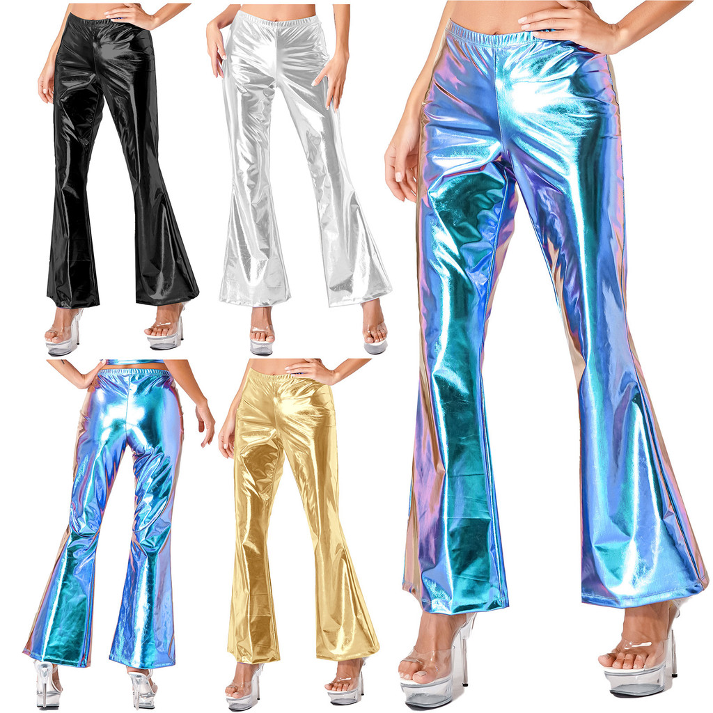 Txmy - Loodgao Womens Shiny Metallic Disco Pants เอวยางยืด Bell Bottom Flared Pants