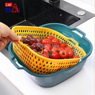 LerThai ตะกร้าล้างผักผลไม้ 2in1 แบบ 2 ชั้น กันน้ำกระเด็น พร้อมตะแกรงระบายน้ำ Vegetable/Fruit Washing Basket