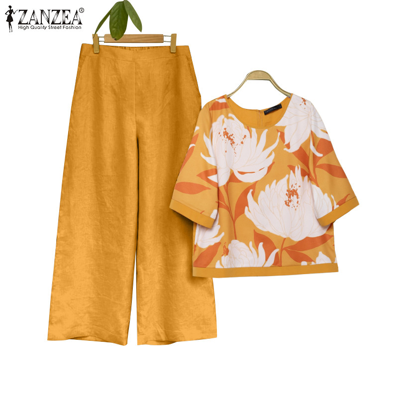ZANZEA ใส่ ซานเซีย ผู้หญิงเกาหลีแขนสามในสี่กระเป๋าด้านข้างพิมพ์ขากว้างเอวยางยืดชุด