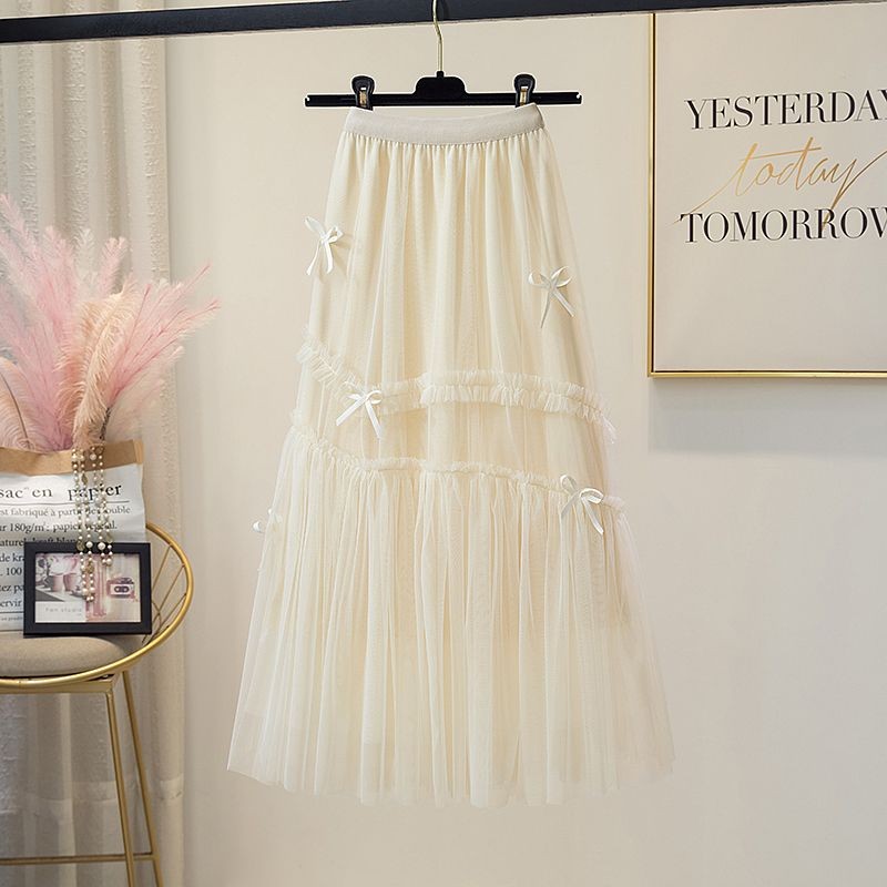 Super Fairy Bowknot กระโปรงผ้ากอซผู้หญิงฤดูใบไม้ผลิฤดูร้อนสไตล์ใหม่เอวสูง a-Line กระโปรงกลางความยาวกระโปรงจีบ Slimmer ดูกระโปรงผ้ากอซ - รูปที่ 2