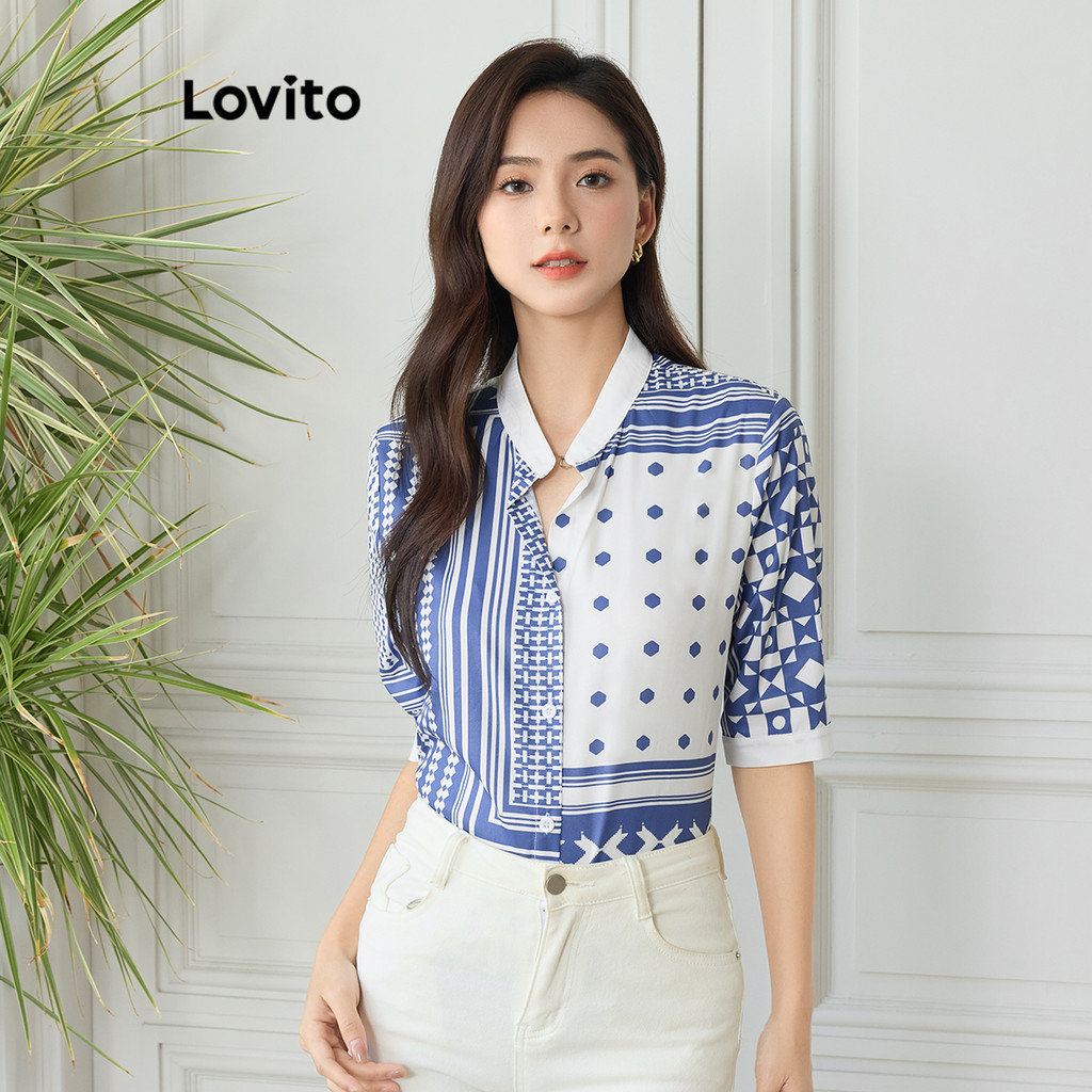 Lovito เสื้อเบลาส์กระดุมเรขาคณิตหรูหราสำหรับผู้หญิง L104ED682