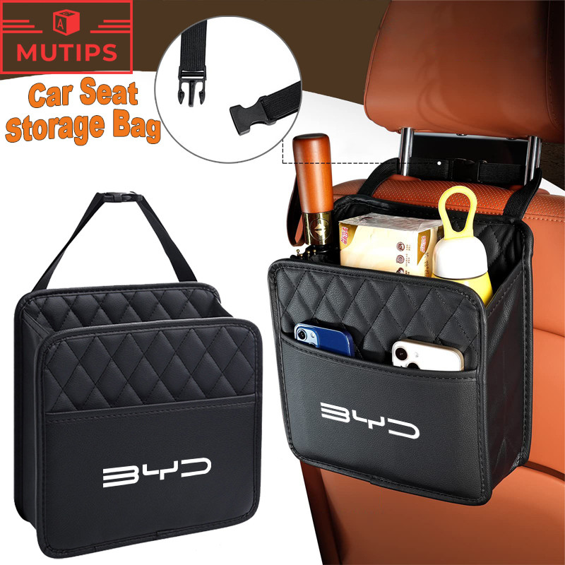 BYD กระเป๋าเก็บของในรถ เครื่องหนัง ที่ใส่ของหลังเบาะรถยนต์ กระเป๋าแขวนใส่ของ ที่วางแก้วในรถยนต์ Atto 3 Yuan plus Song Plus Dolphin Mini Seal U Han EV