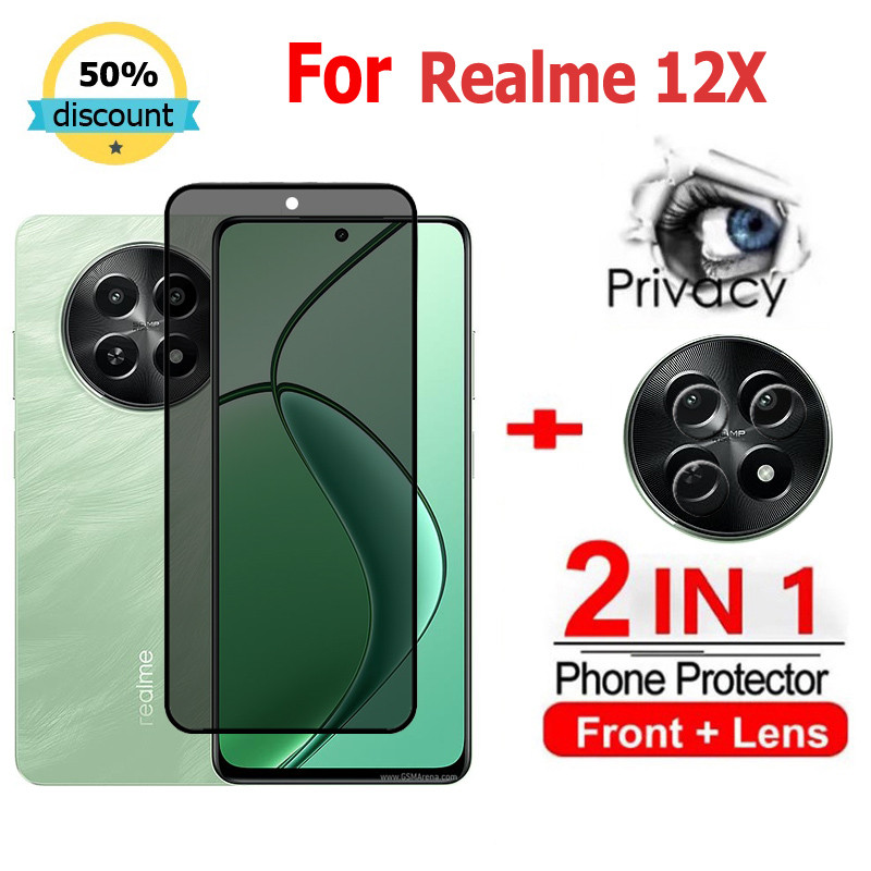 2 in 1 ฟิล์ม Realme 12X ฟิล์มกระจกนิรภัยกันรอยหน้าจอ กันแอบมอง เพื่อความเป็นส่วนตัว สําหรับ Realme 13 12X 10T 9i 11 10 Pro + Narzo 60 50 C67 C65 C51 C55 C53 หมายเหตุ 50 5G ฟิล์มกันรอย ฟิล์มกล้อง