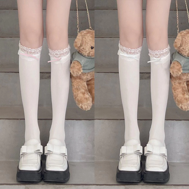 🎀พร้อมส่งในไทย🧦ถุงเท้าโลลิต้าสไตล์ญี่ปุ่น ถุงเท้ายาวถึงเข่าลูกไม้สีขาว ตกแต่งโบว์ หวานและน่ารัก