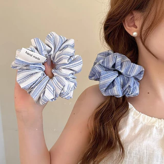 Vintage Blue Stripes Hair Rope หางม้า Scrunchies ผูกผมเครื่องประดับผม